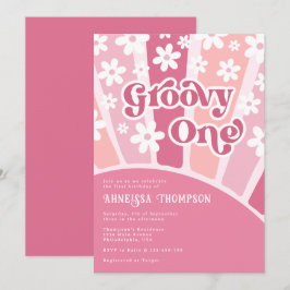 Rosa Groovy One Retro Blume Girls geboren Einladung