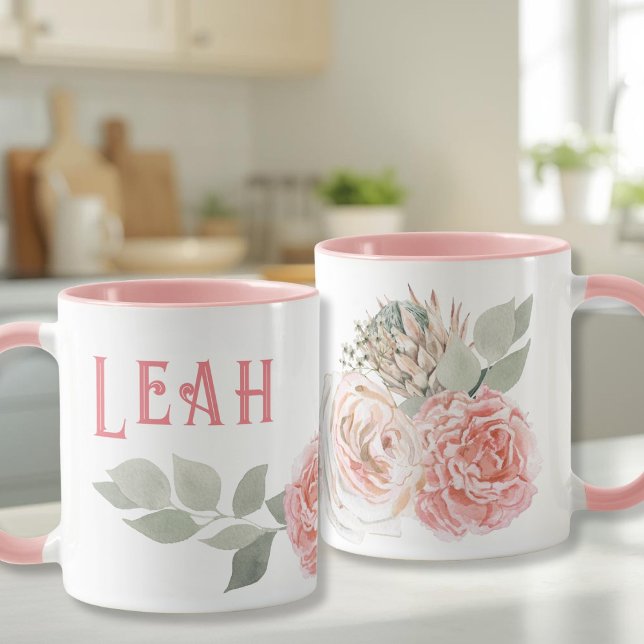 Rosa große Buchstaben Name Tassen Aquarell Blume (Pink big letters name mug Watercolor flowers)