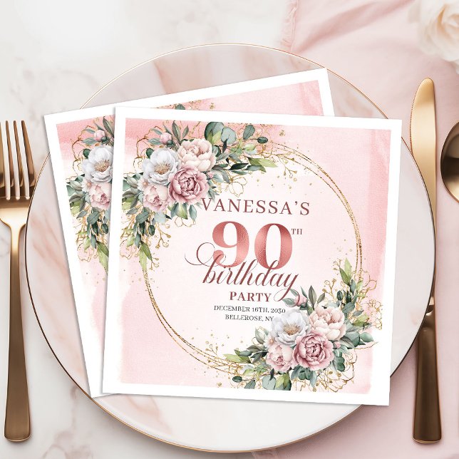 Rosa Grün Floral 90. Geburtstagsfeier   Serviette (Blush Pink Greenery Floral 90th Birthday Party Napkins)