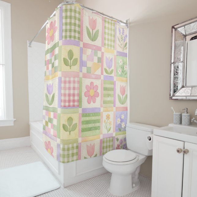 Rosa Grün Gelbe Pastell-Quilt-Patchwork-Blumen  Duschvorhang (Beispiel)