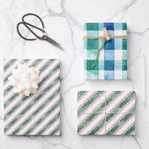 Rosa Grün Glitzerstreifen Weihnachten Geschenkpapier Set