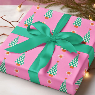 Rosa grün kariert Weihnachtsbaum Retro-Muster Geschenkpapier