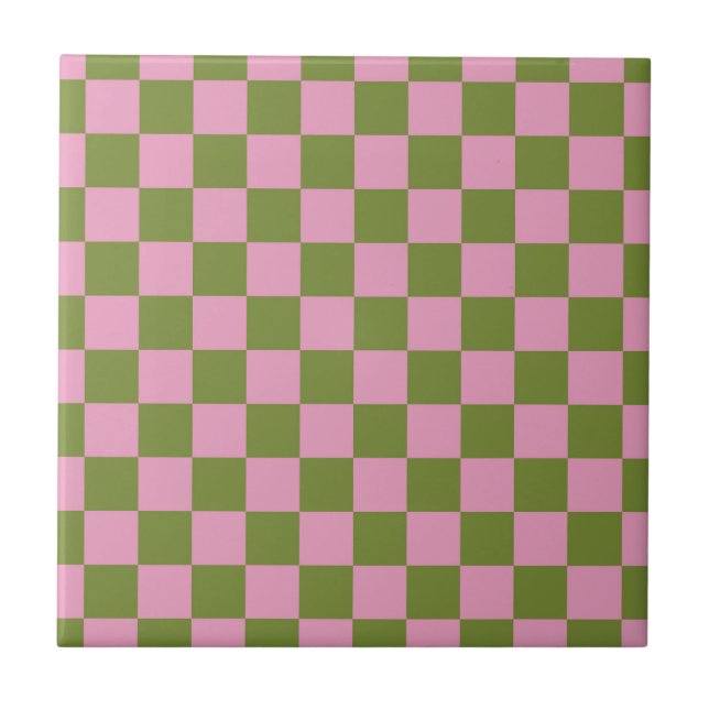 Rosa Grün kariertes Gingham-Muster Fliese (Vorderseite)