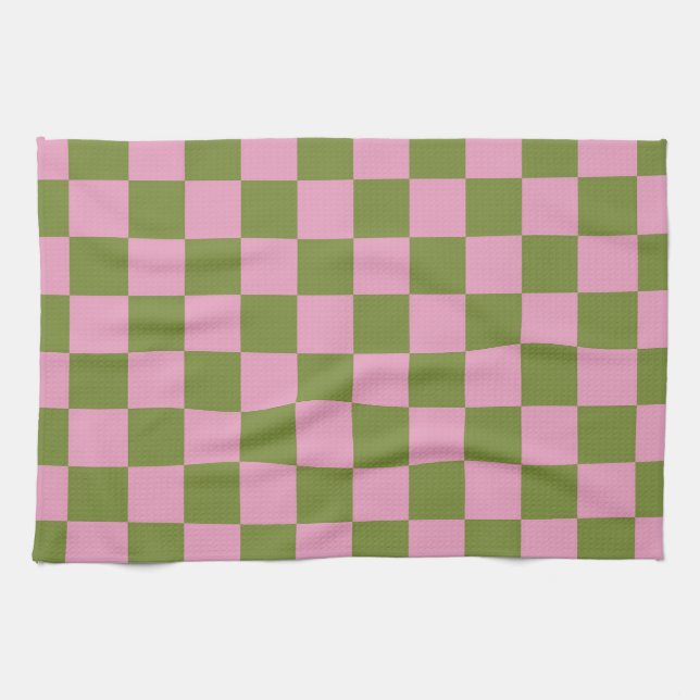 Rosa grün kariertes Gingham-Muster Geschirrtuch (Horizontal)