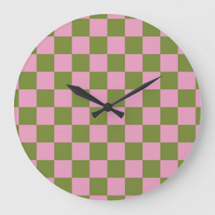 Rosa Grün kariertes Gingham-Muster Große Wanduhr