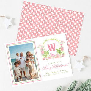 Rosa & Grün Palm Beach Nussknacker Monogramm-Wappe Feiertagskarte