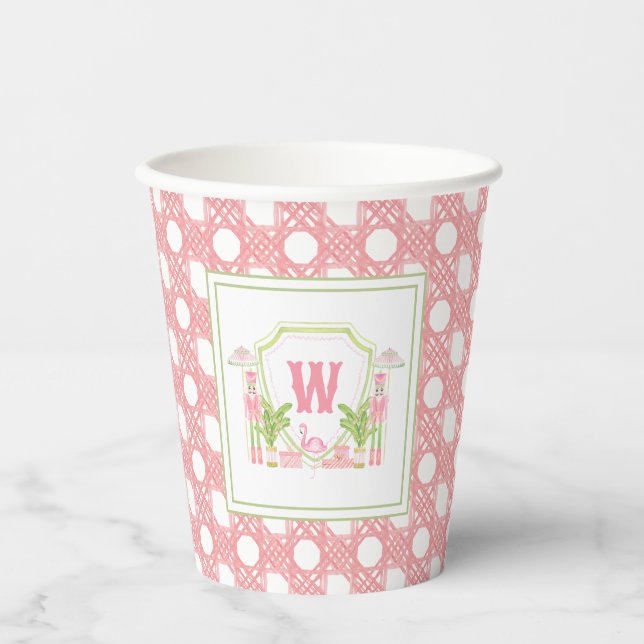 Rosa & Grün Palm Beach Nussknacker Monogramm-Wappe Pappbecher (Vorderseite)