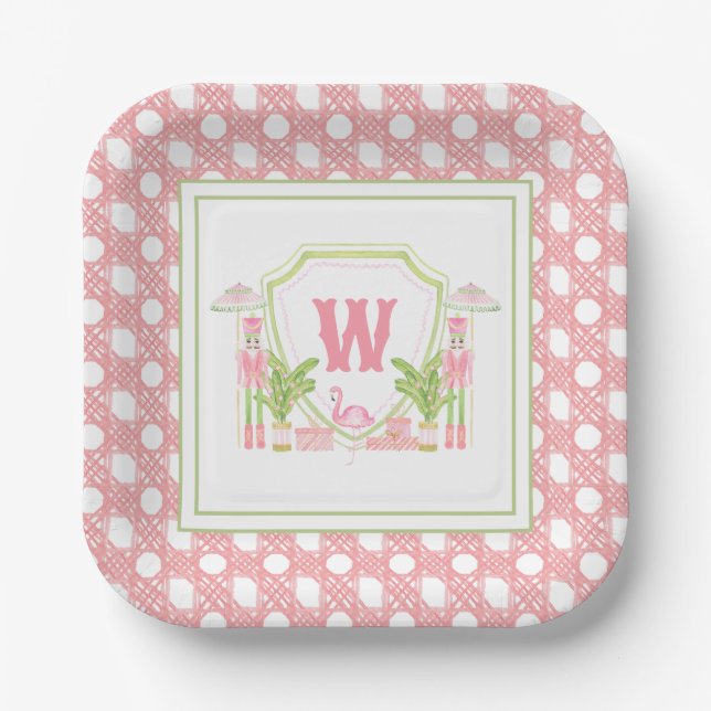 Rosa & Grün Palm Beach Nussknacker Monogramm-Wappe Pappteller (Vorderseite)
