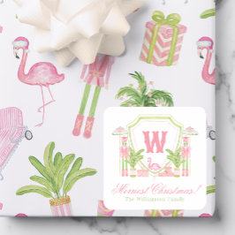 Rosa & Grün Palm Beach Nussknacker Monogrammwappen Quadratischer Aufkleber
