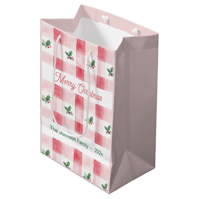 Rosa Grün Retro Weihnachten Personalisiert Mittlere Geschenktüte (Vorderseite Schrägansicht)