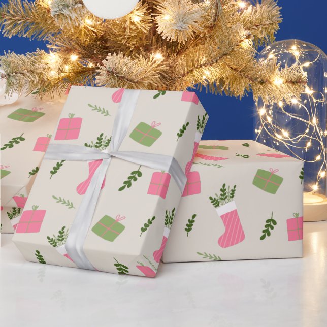 Rosa Grün Weihnachtsgeschenk Strumpf Muster Creme Geschenkpapier (Feiertage)
