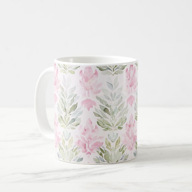 Rosa Grüne Abstrakte Floral Kaffeetasse (Vorderseite Links)