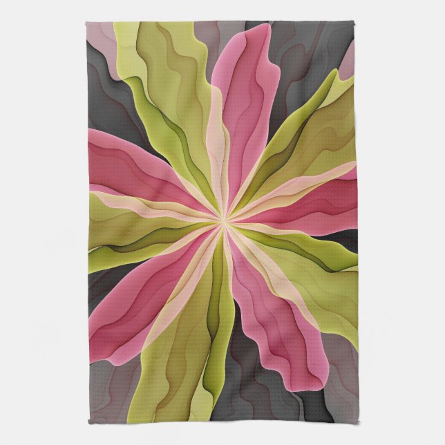 Rosa grüne Anthrazit Fantasy Blume Fraktal Art Geschirrtuch (Vertikal)