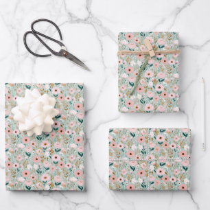Rosa grüne Aquarell-Blumen Braut-Baby-Party Geschenkpapier Set