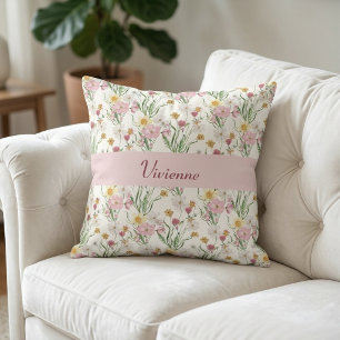 Rosa grüne Aquarell-Wildblumen-Monogramm-Name Kissen
