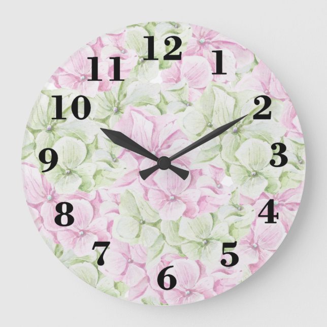 Rosa grüne Aquarellfarben mit blühenden Blumen Große Wanduhr (Vorderseite)
