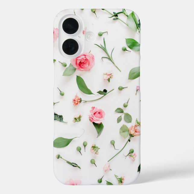 Rosa, grüne Blätter und Blütenblätter iPhone 16 Hülle (Rückseite)