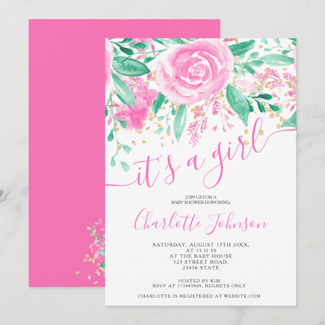 Rosa grüne blühende Rose Aquarellmädchen Babydusch Einladung (Vorne/Hinten)