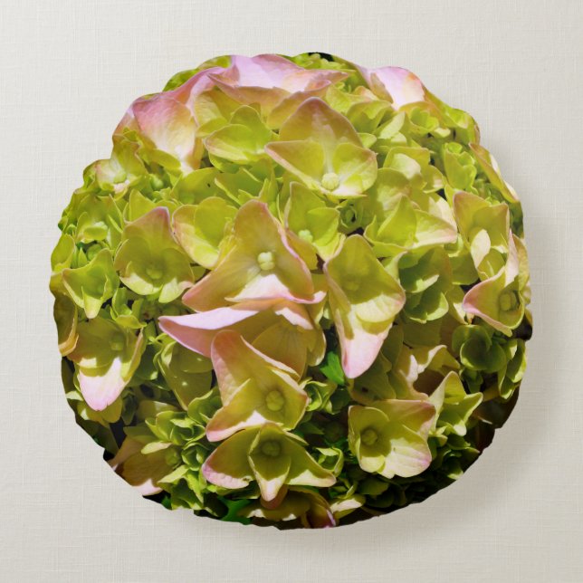 Rosa-grüne Blume Hydrangea Rundes Kissen (Vorderseite)