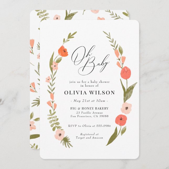 Rosa grüne Blume Kleider Kinderdusche Einladung (Vorne/Hinten)