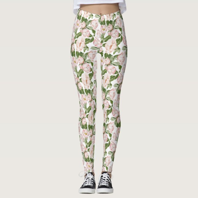 Rosa grüne Blume Leggings (Vorderseite)
