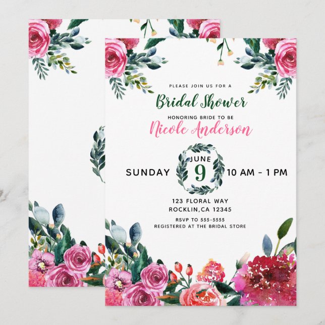 Rosa grüne Blume Vintager Blumenzauber Einladung (Vorne/Hinten)