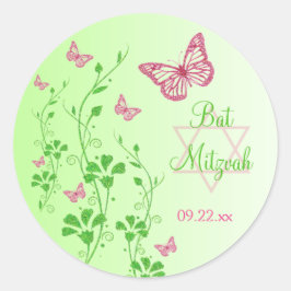 Rosa, grüne Blumenschmetterlinge Bat Mitzvah Stick Runder Aufkleber
