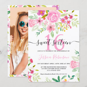 Rosa grüne Blumenschrift Sweet 16 Einladung