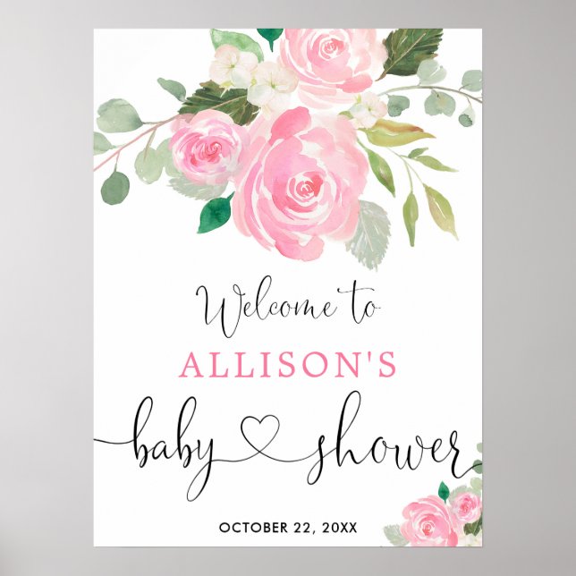 Rosa grüne Blumenstube Baby Dusche Begrüßungszeich Poster (Vorne)