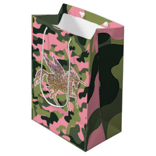 Rosa Grüne Camo Tarnung & Gold Glitter Einhorn Mittlere Geschenktüte