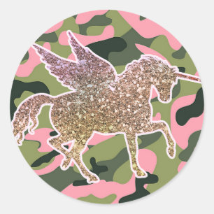 Rosa Grüne Camo Tarnung & Gold Glitzer Einhorn Runder Aufkleber