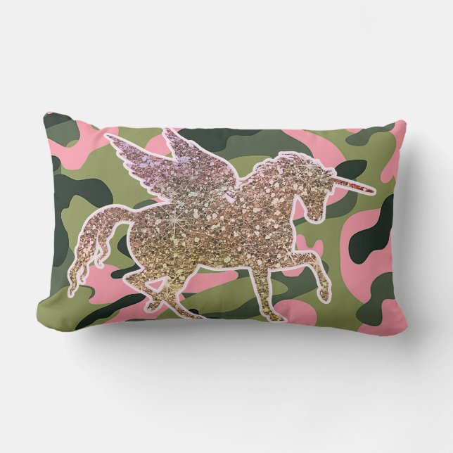Rosa grüne Camouflage Camouflage & Gold Glitzer Ei Lendenkissen (Vorderseite)