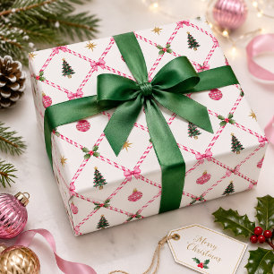 Rosa grüne Candy Cane Trellis Vorweihnachten Geschenkpapier