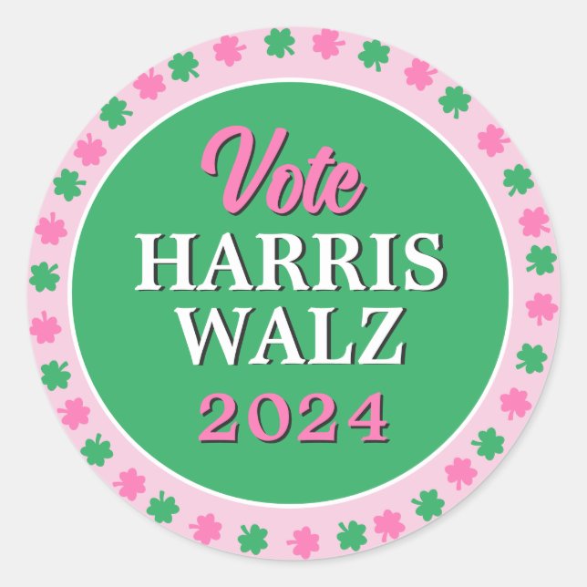 Rosa Grüne Clover 2024 Abstimmung Harris Walz Runder Aufkleber (Vorderseite)