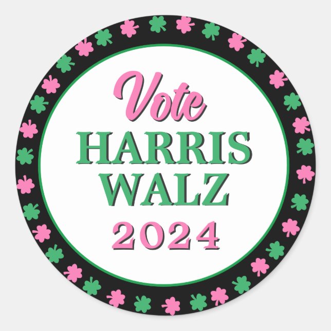 Rosa Grüne Clover 2024 Abstimmung Harris Walz Runder Aufkleber (Vorderseite)