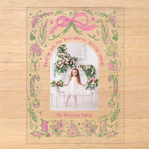 Rosa-grüne Coquette-Weihnachtsfamilienfoto-Doodle Acryleinladungen