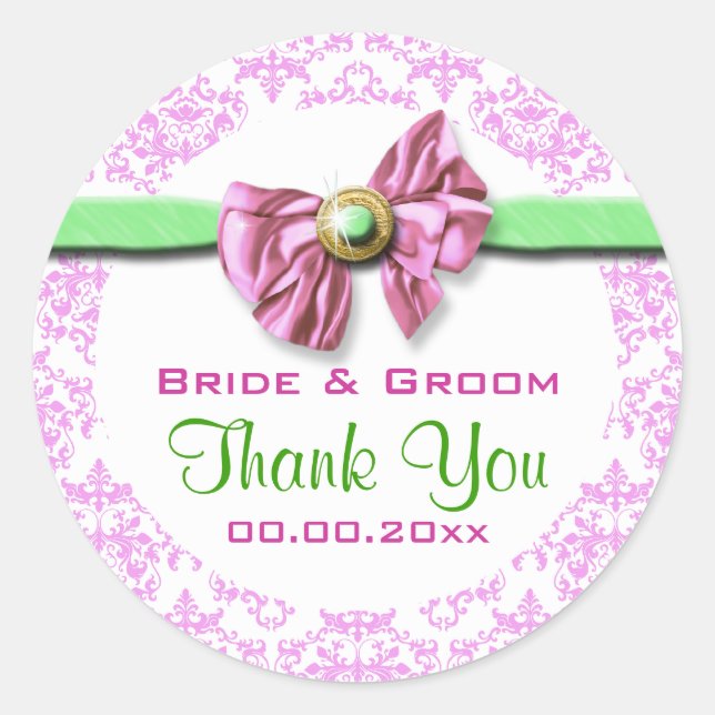 Rosa grüne Damast Hochzeit Runder Aufkleber (Vorderseite)