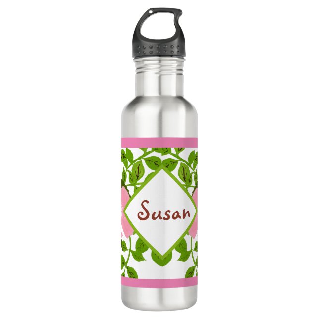 Rosa grüne Dogwood-Blume mit handgemalten Frühling Edelstahlflasche (Vorderseite)
