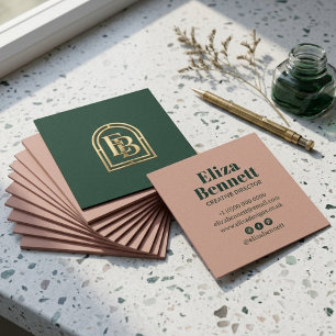 Rosa-grüne dunkelgrüne goldene Monogramm-Visitenka Quadratische Visitenkarte