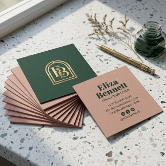 Rosa-grüne dunkelgrüne goldene Monogramm-Visitenka Quadratische Visitenkarte