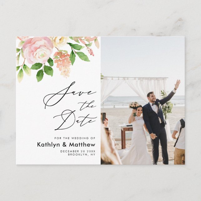 Rosa Grüne Elegante Hochzeit Save the Date Ankündigungspostkarte (Vorderseite)