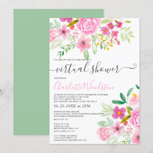 Rosa grüne florale Aquarellschrift virtuelle Dusch Einladung