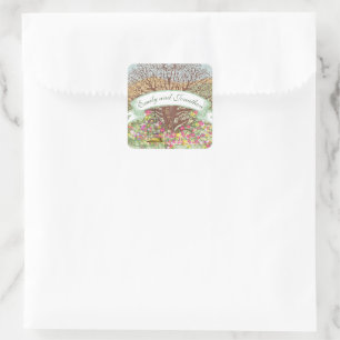 Rosa grüne gelbe Blumenbraun-Eichenbaumhochzeit Quadratischer Aufkleber
