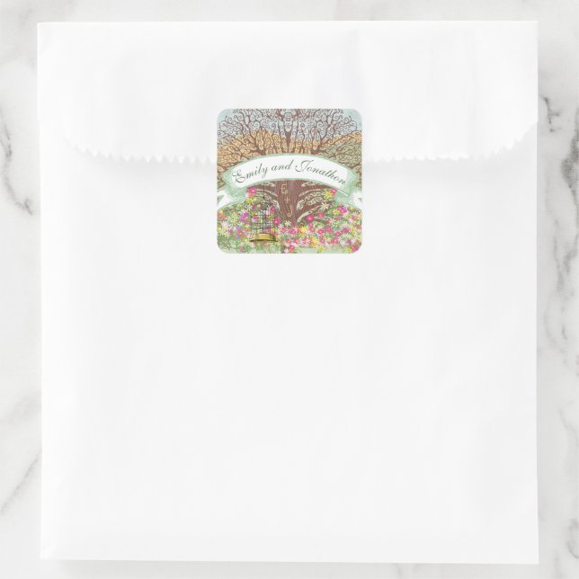 Rosa grüne gelbe Blumenbraun-Eichenbaumhochzeit Quadratischer Aufkleber (Tasche)
