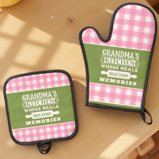 Rosa Grüne Gingham Oma Mahlzeiten werden Erinnerun Ofenhandschuh & Topflappen-Set