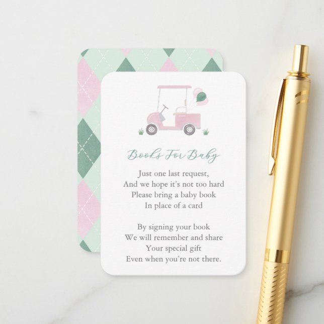 Rosa grüne Golf Cart Kinderdusche für ein Buch Begleitkarte (Vorderseite/Rückseite Beispiel)