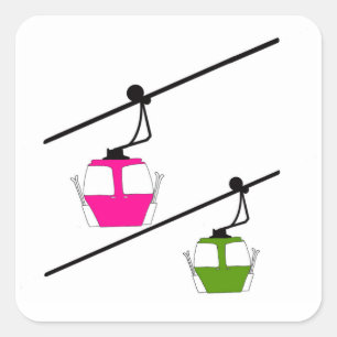Rosa & grüne Gondeln mit Skisaufkleber. Quadratischer Aufkleber