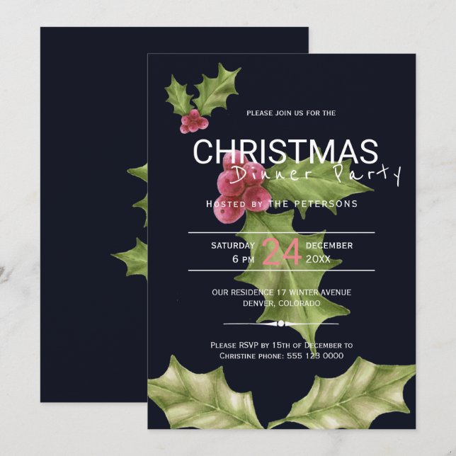 Rosa grüne Heilige Beeren Weihnachtsessen Party Einladung (Vorne/Hinten)