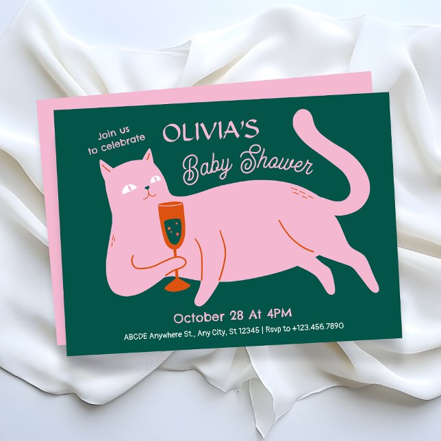 Rosa grüne Katze niedliche Babydusche Einladung (Von Creator hochgeladen)