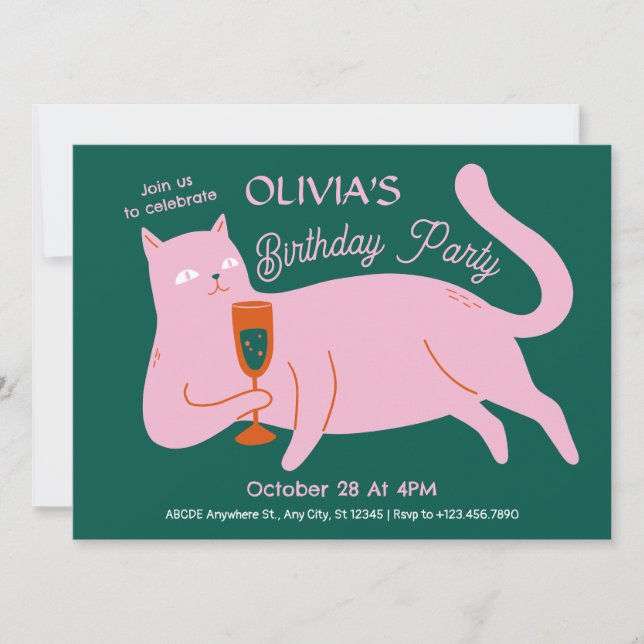 Rosa grüne Katze zum Geburtstag Einladung (Vorderseite)